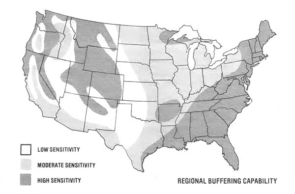 
This map of the U.S. shows the sensitivity of the country's rock strata to acid rain.
